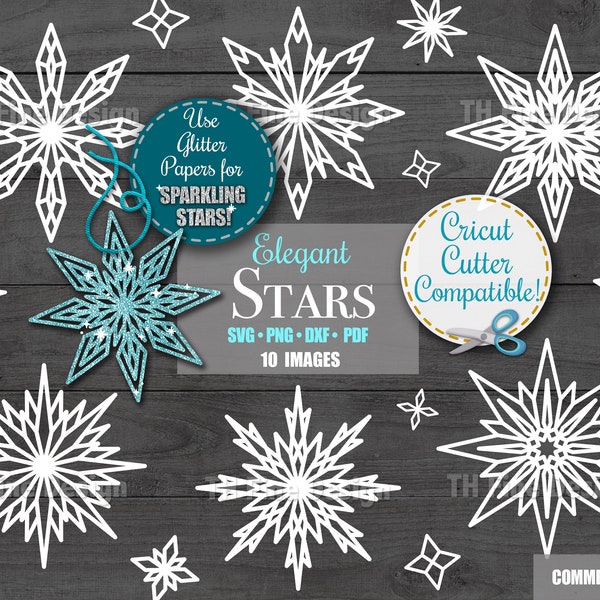 SVG Elegant Stars Holiday Christmas Star Flakes Snowflakes Cricut File Cutting Files Silhouette Downloadable Clipart Clip Art Craft Project