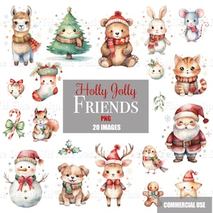 Peut inclure: Illustrations à l'aquarelle de divers personnages sur le thème de Noël, dont un lama, un ours, un lapin, une souris, un chat, le Père Noël, un bonhomme de neige, un chien et un renne. L'image comprend le texte "Holly Jolly Friends" et "PNG 20 IMAGES".