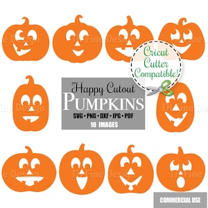 May include: Ten orange pumpkin cutouts with different facial expressions. The pumpkins are outlined in black and have white eyes, noses, and mouths. The text "Happy Cutout Pumpkins" is in black and white with the words "Happy" and "Pumpkins" in a larger font. The text "SVG. PNG. DXF. JPG. PDF" is in black and white. The text "Cricut Cutter Compatible!" is in a white circle with a green outline and a green scissor icon. The text "COMMERCIAL USE" is in black and white.