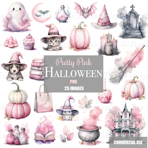 May include: A collection of watercolor illustrations with a Halloween theme. The images include a ghost, pumpkins, a witch's hat, a cat, a dog, a cauldron, and a haunted house. The text "Pretty Pink Halloween" is also included.