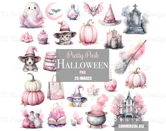 Pink Halloween Clip Art Pumpkins Clipart Cute Kitten Puppy Ghost Bat Potions Downloadable Artwork Fall Autumn Print Sublimation Images PNG