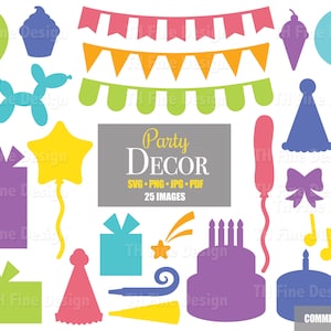 SVG Geburtstag Party Formen Dekor Dekorationen Kuchen Kerze Ballon Cupcake Geschenk vorhanden Silhouette Clip Art Download Cricut Dateien Bundle