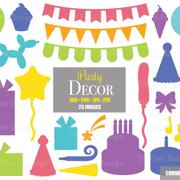 SVG Birthday Party Shapes Decor Decorations Cake Candle Balloon Cupcake Gift Present Silhouette Clip Art Download Cricut Cut Files Bundle