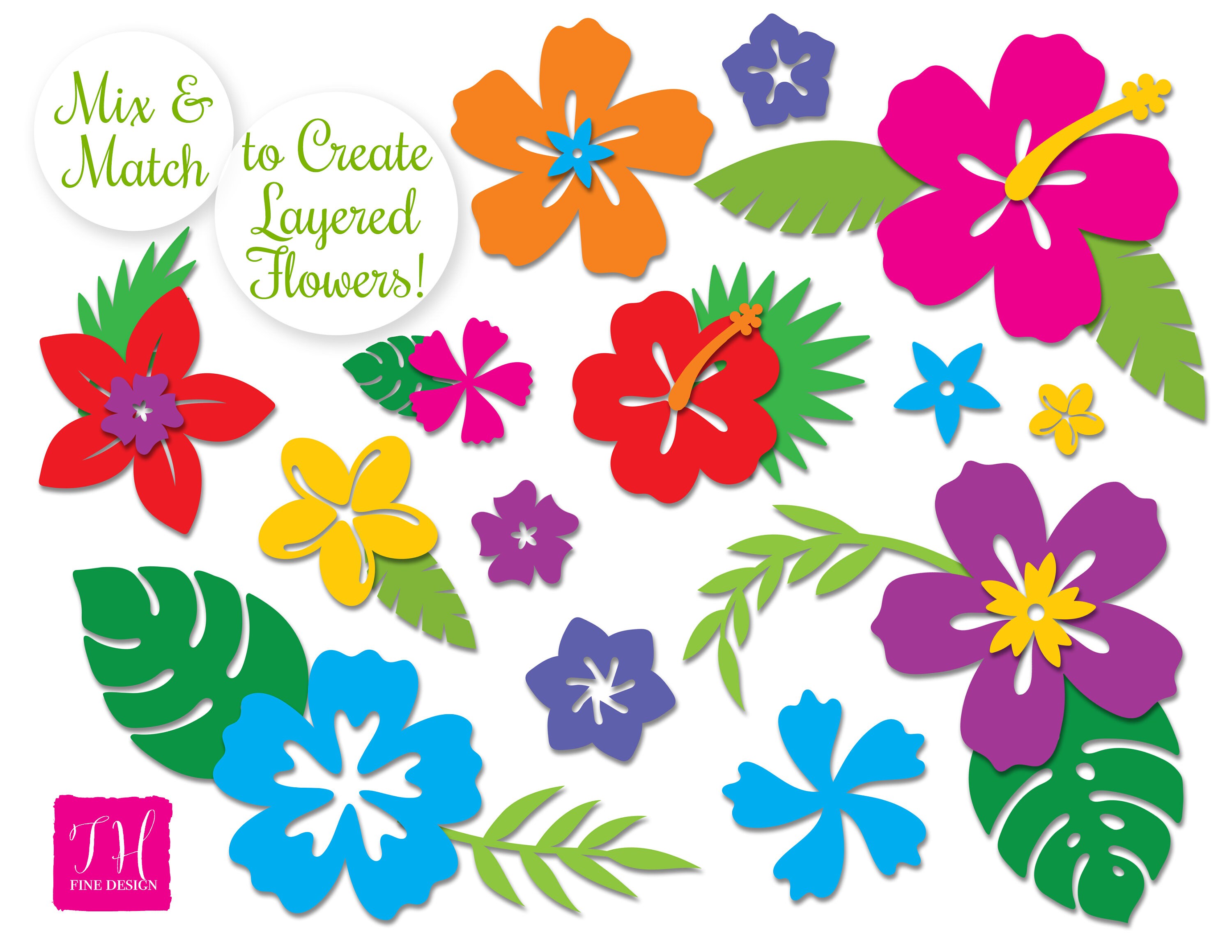 SVG Tropical Flower Clip Art Bundle Hibiscus Hawaiian Leaves File ...