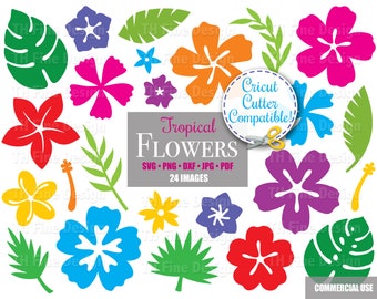 SVG Tropical Flower Clip Art Bundle Hibiscus Hawaiian Leaves File Printable Image Instant Digital Downloadable Craft Project Vector Artwork