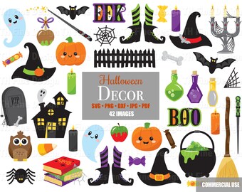 SVG Halloween Clip Art Clipart Images Download Cute Pumpkins Witch Hats Broom Cauldron Ghosts Eek Boo Haunted House Spider Webs Magic Wands