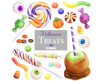 Halloween Candy Watercolor Clip Art Clipart Sweets Candies Pumpkin Candy Corn Lollipops Trick or Treat Instant Download Printable Artwork