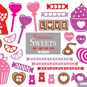 May include: A set of 28 Valentine's Day themed SVG cut files featuring various sweets, including a gumball machine, lollipops, cupcakes, candy hearts, and a chocolate kiss. The text "Valentine's Sweets" is included in the design.