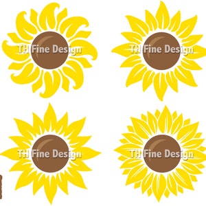 Puede incluir: Cuatro ilustraciones de girasoles amarillos con centros marrones. El texto "TH Fine Design" est&aacute; en cada girasol.