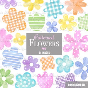 May include: A selection of watercolour flower illustrations in diverse colours and patterns. The flowers feature polka dots, stripes, and gingham designs. The text "Patterned FLOWERS PNG 21 IMAGES" is displayed in the centre of the image.