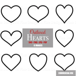 Op de afbeelding: Acht geoutlinede hartvormen in zwart op een witte achtergrond. De tekst "Outlined Hearts" is in rood en zwart, en de tekst "SVG - PNG - JPG - PDF" en "8 IMAGES" is in zwart. De tekst "COMMERCIAL USE" is in rood.