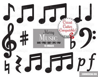 Music Notes Clipart: Treble Bass Clef Symbols Craft Project Classroom Decor Printable Downloadable Instant Digital Cricut Silhouette Files
