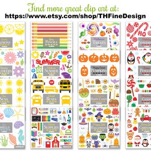 May include: A collection of 10 colorful clip art sets featuring various themes, including lemons, pencils, treats, spring flowers, summer, pumpkins, penguins, suns, buses, happy candy, Christmas candy, shells, school supplies, Halloween, and Christmas. Each set includes multiple images.