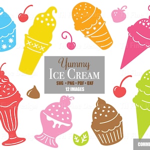 SVG-Eistüten Eisbecher Clip Art Cricut Cutter Cut Dateien Kirsche Erdbeere Süßigkeiten Desserts Geburtstag druckbare Herunterladbare Sommer Kinder