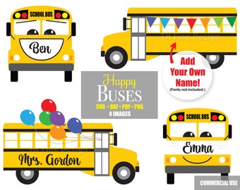 SVG School Buses Bus Cute Fun Name Labels Bundle Cricut Silhouette Cutting Cut Files Printable Downloadable Clip Clipart Svg Vector Art diy