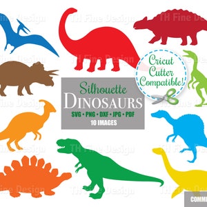 SVG dinosaurus silhouet vormen dino snijden bestanden kinderen leuke kleurrijke bundel Cricut afdrukbare Instant downloadbare clip clipart vector kunst DIY
