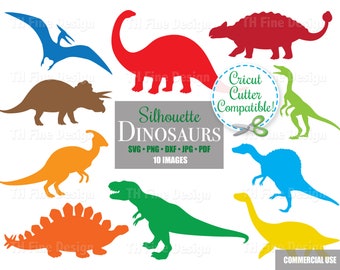 May include: A set of 10 silhouette images of dinosaurs in various poses. The dinosaurs are in red, blue, green, orange, brown, and yellow. The text "Silhouette Dinosaurs" and "SVG. PNG. DXF. JPG. PDF 10 IMAGES" is at the bottom of the image. The text "Cricut Cutter Compatible!" is in a circle at the top of the image.