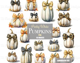 White Pumpkin Clip Art Pumpkins Clipart Bows Downloadable Artwork Fall Autumn Thanksgiving Leopard Zebra Print Sublimation Images Download