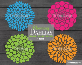 SVG Dahlia Flowers Dahlias Daisy Daisies Spring Flower Floral Decor Cricut Silhouette Printable Instant Downloadable Clip Clipart Vector Art