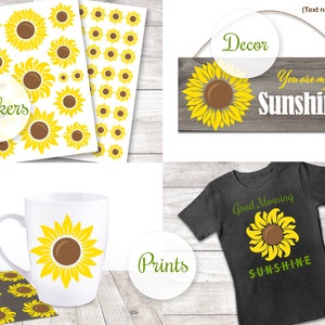 Puede incluir: Un conjunto de dise&ntilde;os digitales con un gr&aacute;fico de girasol. Los dise&ntilde;os incluyen pegatinas, impresiones y un dise&ntilde;o de camiseta. El texto "You are my Sunshine" aparece en un letrero de madera.