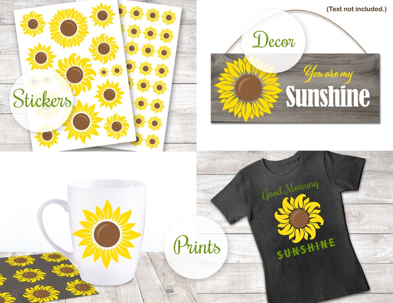 Puede incluir: Un conjunto de dise&ntilde;os digitales con un gr&aacute;fico de girasol. Los dise&ntilde;os incluyen pegatinas, impresiones y un dise&ntilde;o de camiseta. El texto "You are my Sunshine" aparece en un letrero de madera.