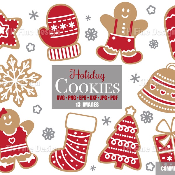 SVG Gingerbread Cookies Clip Art Holiday Christmas Red and White Shapes Files Silhouette Printable Downloadable Instant Digital Images PNG