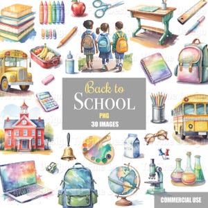 Puede incluir: Ilustración en acuarela con elementos escolares. Incluye un autobús escolar, mochila, lápices, libros y el texto "Back to School". También presenta un globo terráqueo, un microscopio y otros útiles escolares.