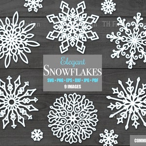 Könnte beinhalten: Neun weiße Schneeflocken-Designs auf einem dunklen Holzgrund. Der Text "Elegant Snowflakes" befindet sich in der Mitte des Bildes. Der Text "SVG - PNG - EPS - DXF - JPG - PDF" befindet sich unter dem Titel. Der Text "9 IMAGES" befindet sich unter den Dateitypen. Der Text "COMMERCIAL USE" befindet sich in der unteren rechten Ecke des Bildes.