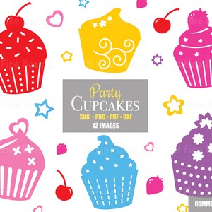 SVG Cupcake Party Clip Art Cricut Cut Bestanden Kers Aardbei Taart Snoep Desserts Strooi Verjaardag Cupcakes Afdrukbare downloadbare png-pdf