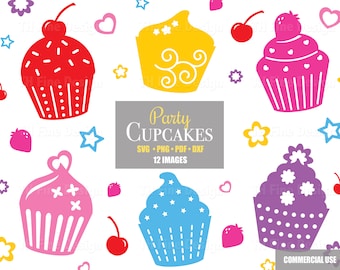SVG Cupcake Party Clip Art Cricut Cut Files Cherry Strawberry Cake Sweets Desserts Sprinkle Birthday Cupcakes Printable Downloadable PNG PDF
