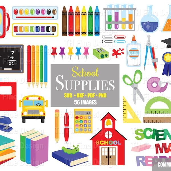 SVG School Supplies Clip Art Download Bundle Teacher Room Decor Stickers Print Then Cut Files Printable Instant Downloadable Clipart Vector