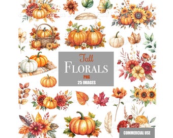 Calabazas florales de otoño, imágenes prediseñadas, calabazas, girasoles, hojas de otoño, ramos, arreglos de follaje, plumas, imágenes prediseñadas, archivos PNG descargables digitales