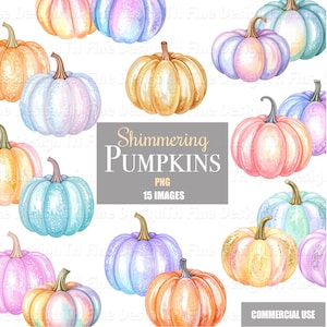May include: Watercolor illustration of shimmering pumpkins in various colors, including orange, pink, blue, and purple. The pumpkins have green stems and are arranged in a pattern. Text on the image reads "Shimmering Pumpkins" and "15 Images".