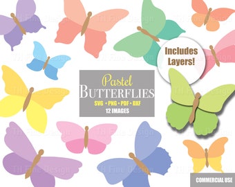 SVG Pastel Butterfly Clip Art Bundle Spring Layered Files Printable Images Instant Digital Downloadable Craft Project Vector Laser Artwork