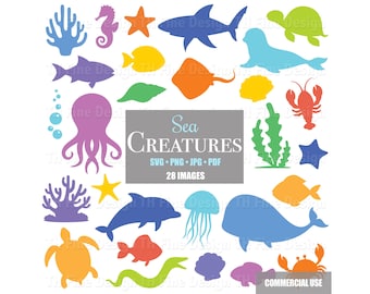 SVG 海洋生物 クリップアート 海の生き物 魚 タコ イルカ カメ クラゲ サメ Cricut カッティングファイル シルエット 印刷可能 ダウンロード可能