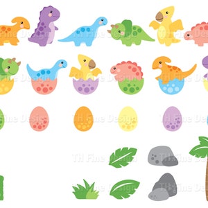 May include: A set of colorful dinosaur illustrations, including dinosaurs hatching from eggs, dinosaurs walking, and a palm tree. The illustrations are perfect for creating fun and educational crafts, cards, or party decorations.