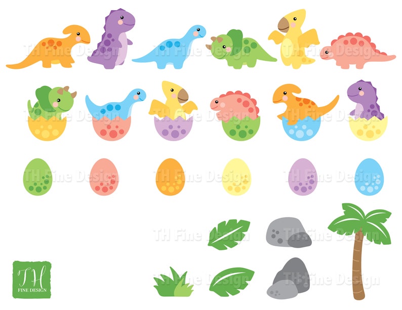 May include: A set of colorful dinosaur illustrations, including dinosaurs hatching from eggs, dinosaurs walking, and a palm tree. The illustrations are perfect for creating fun and educational crafts, cards, or party decorations.
