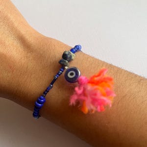 Nazar Evil Eye Charm Glass bead Pom Pom bracelet