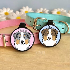 Australian Shepherd Dog Tag Cute Breed Cartoon Personalised Portrait Silent Pet Name ID Tags | nymbie