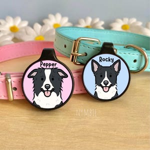 Border Collie Dog Tag Cute Breed Cartoon Personalised Portrait Silent Pet Name ID Tags | nymbie