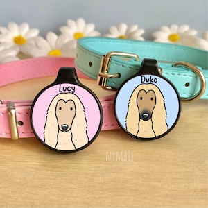 Afghan Hound Dog Tag Cute Breed Cartoon Personalised Portrait Silent Pet Name ID Tags | nymbie