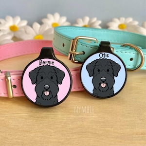 Black Russian Terrier Dog Tag Cute Breed Cartoon Personalised Portrait Silent Pet Name ID Tags | nymbie
