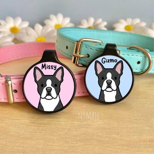 Boston Terrier Dog Tag Cute Breed Cartoon Personalised Portrait Silent Pet Name ID Tags | nymbie