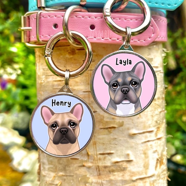 French Bulldog Tag Cute Personalised frenchie Dog Breed Portrait Collar Pet Name ID Tags | nymbie