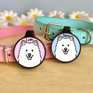 Samoyed Dog Tag Cute Breed Cartoon Personalised Portrait Silent Pet Name ID Tags | nymbie