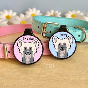 Chinese Crested Dog Tag Cute Breed Cartoon Personalised Portrait Silent Pet Name ID Tags | nymbie