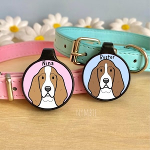 Basset Hound Dog Tag Cute Breed Cartoon Personalised Portrait Silent Pet Name ID Tags | nymbie