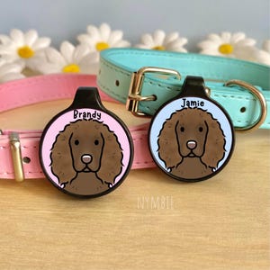 Irish Water Spaniel Dog Tag Cute Breed Cartoon Personalised Portrait Silent Pet Name ID Tags | nymbie