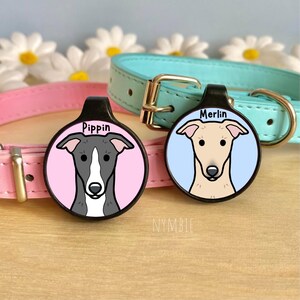 Whippet Dog Tag Cute Breed Cartoon Personalised Portrait Silent Pet Name ID Tags | nymbie