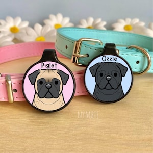 Pug Dog Tag Cute Breed Cartoon Personalised Portrait Collar Pet Name ID Tags | nymbie